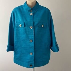 Tanjay Size 18 Blue Textured Button up Jacket, Roll-Tab Sleeves, Four Pockets